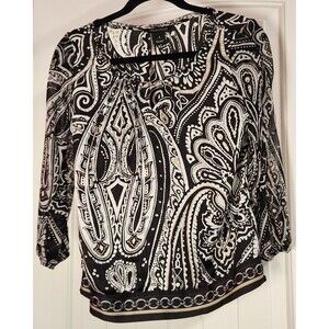 White House Black Market WHBM Size 4 3/4 Sleeve Buckle Neckline Paisley Blouse